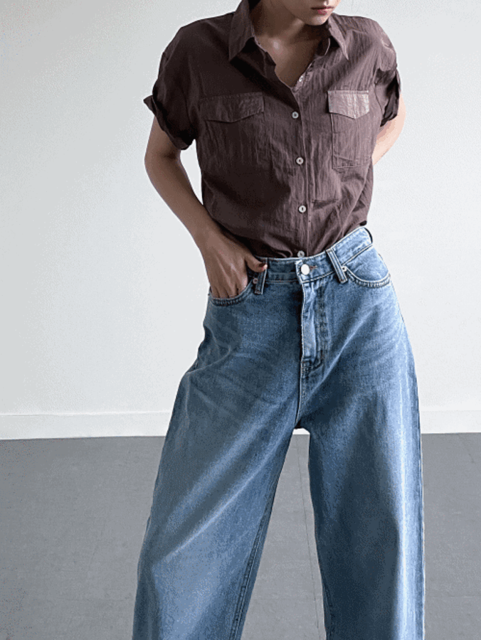세틴 포켓 자개 시스루 루즈핏 반팔 셔츠